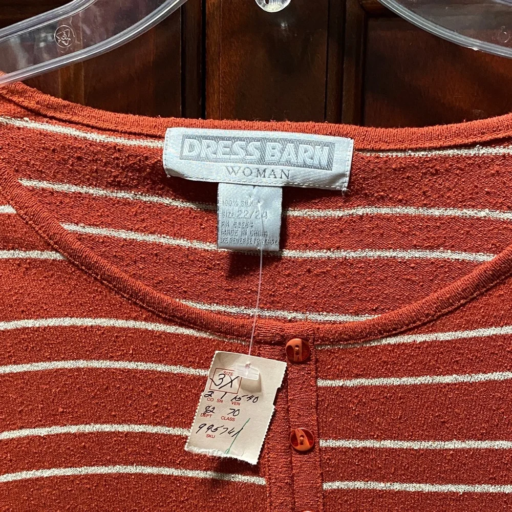 Dress Barn Woman vintage Rust Striped faux Button-Down plus size 3X silk Top - Picture 6 of 10